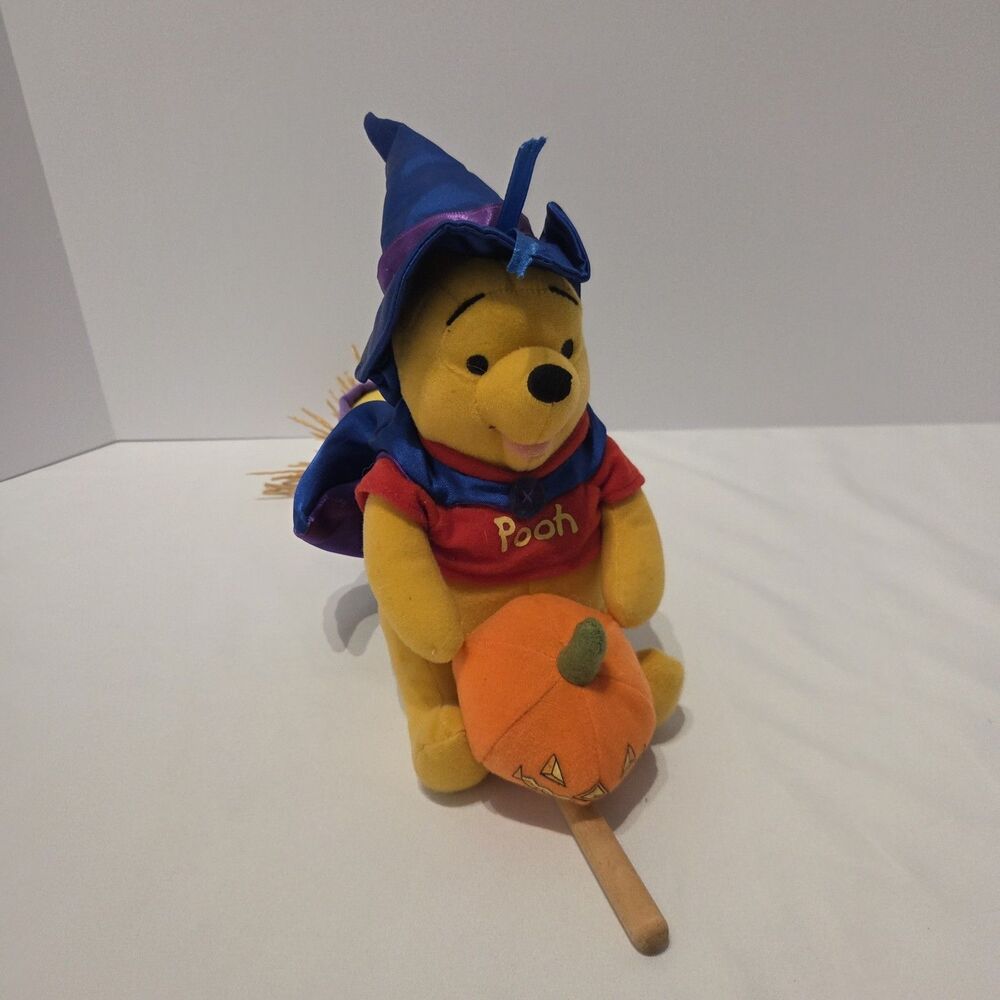 Vintage Halloween Pooh Witch With Pumpkin On Broom Plush 8" Applause